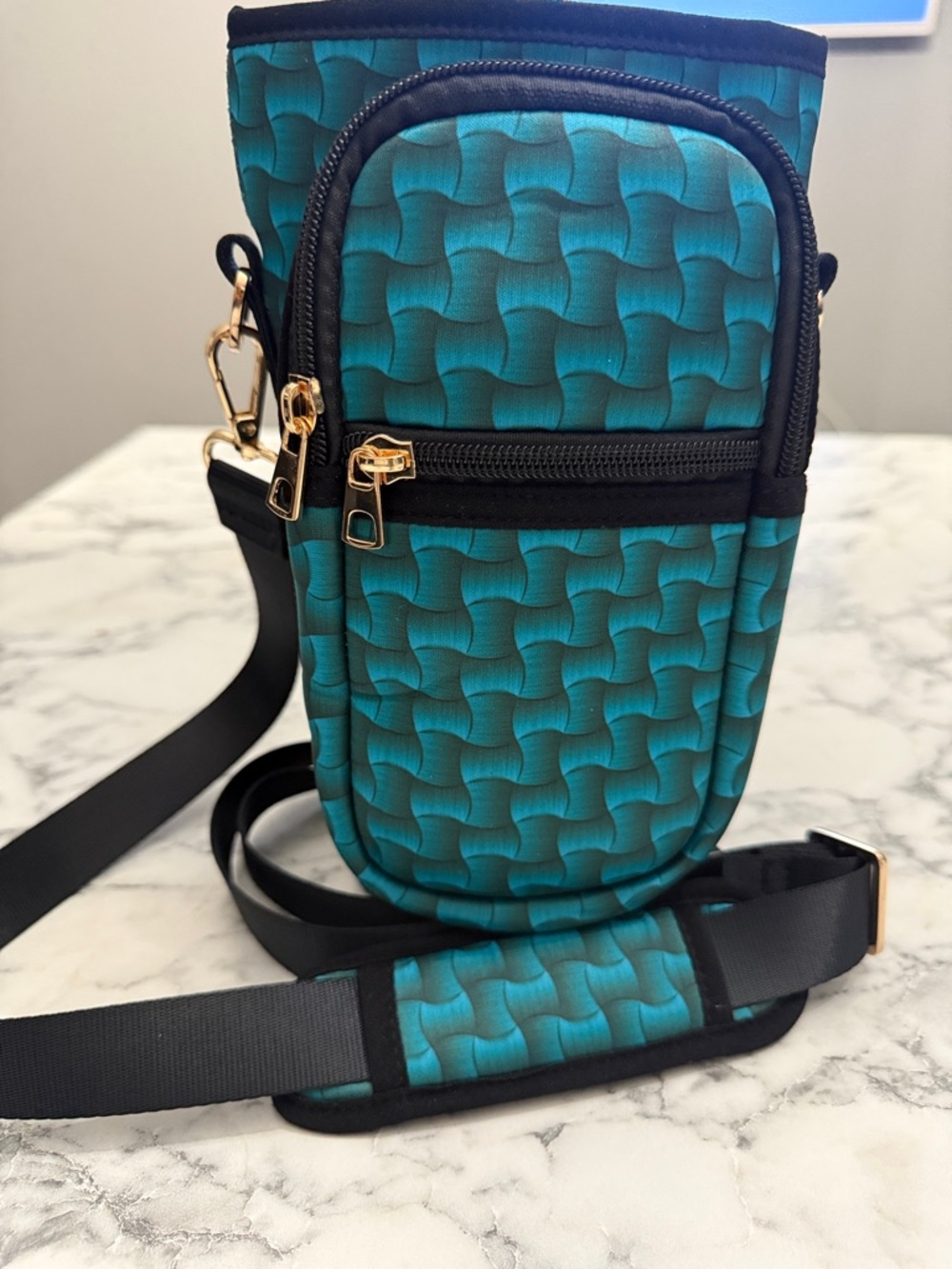 Teal Patterned Crossbody Cup Holder with Gold Hardware